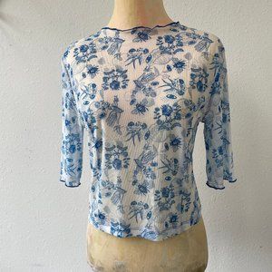 Unlogical Poem Blue + White Mesh Print Top Womens Large NWT